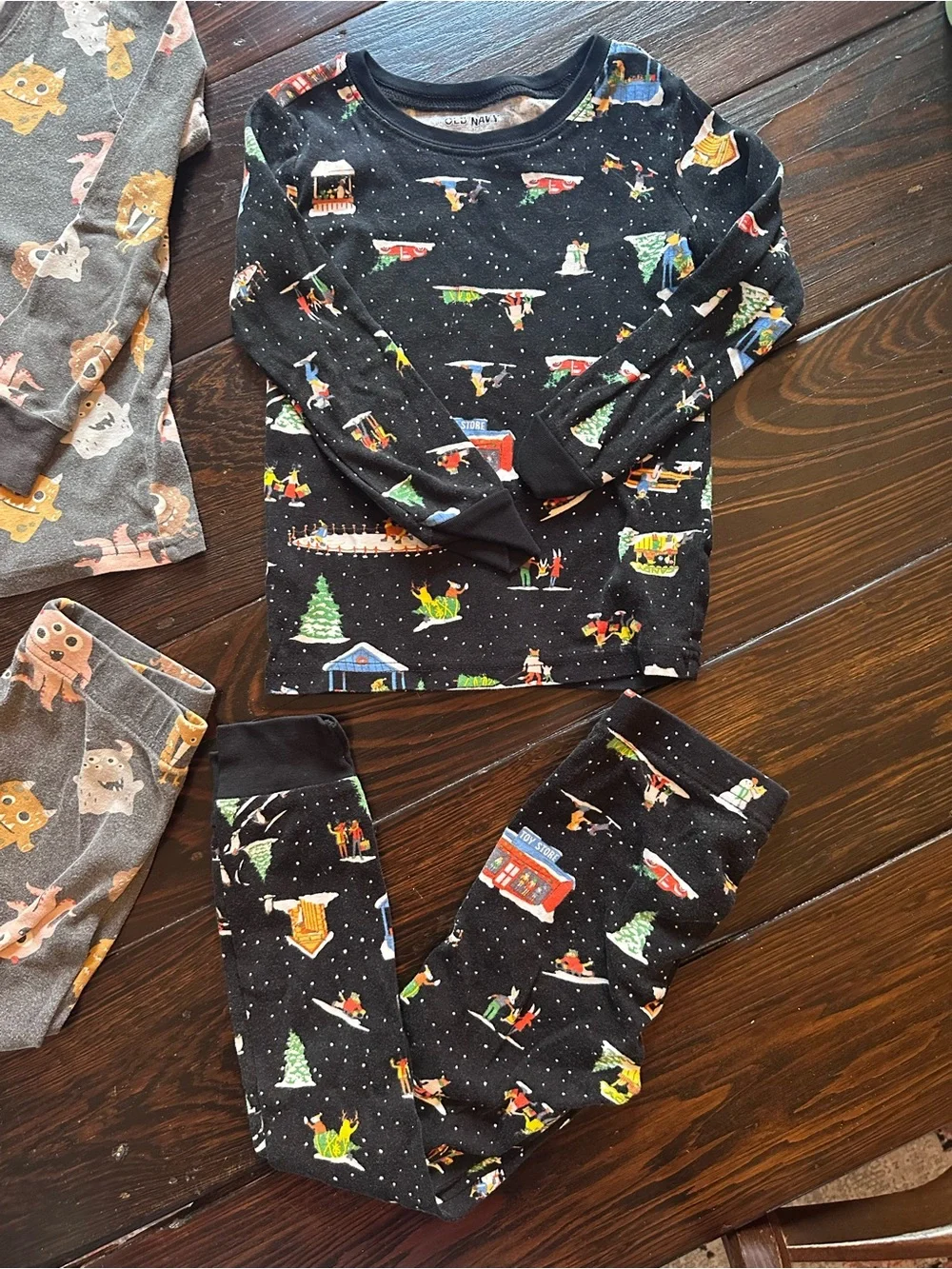 Old Navy Two-Pack Kids Pajama Sets - Gray Monster & Black Holiday Prints
